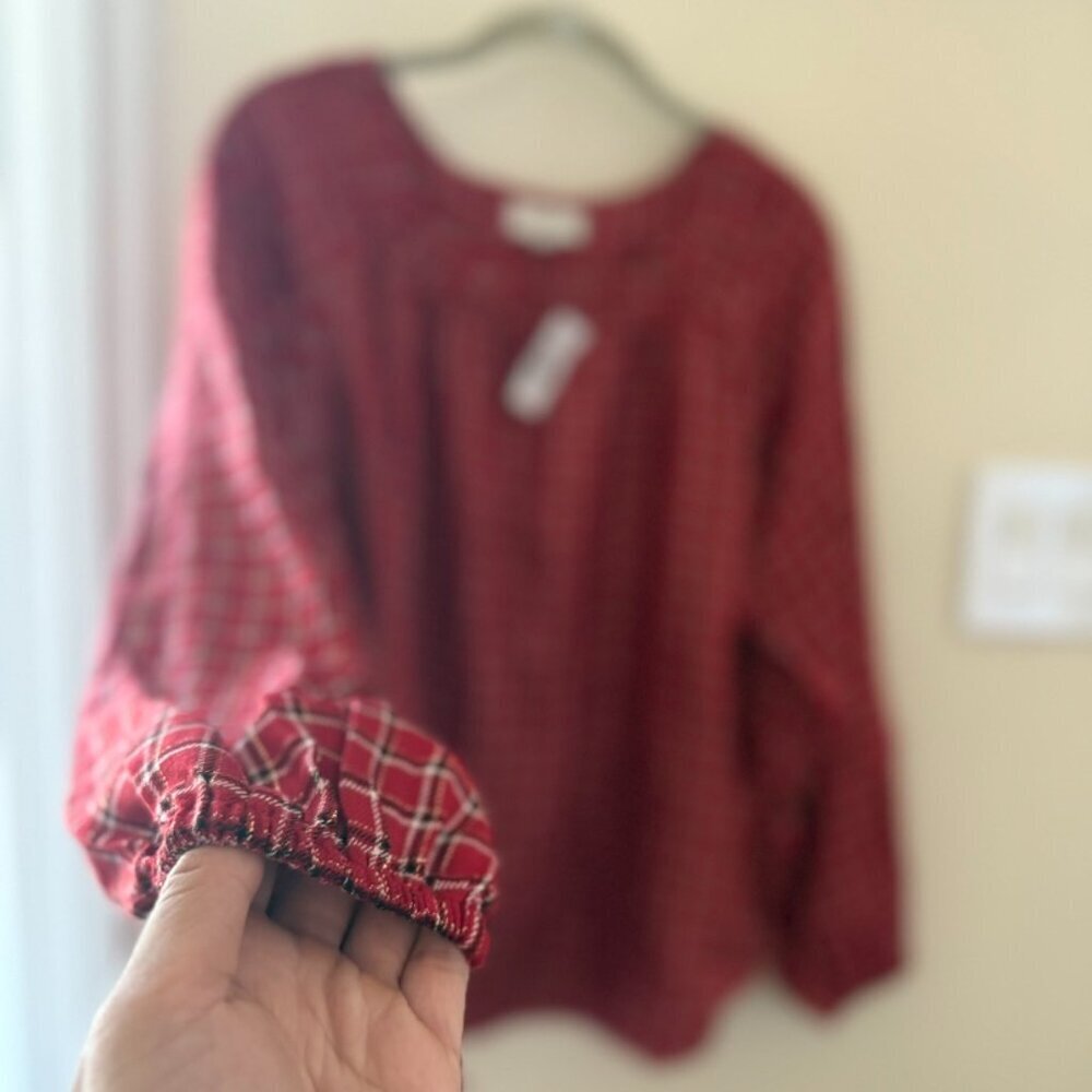 LOFT Red Black White Long Sleeve Plaid Blouse Womens Small Office Holiday Winter - Picture 3 of 4